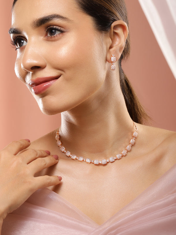 Rubans Rose Gold-Plated White AD-Studded Jewellery Set