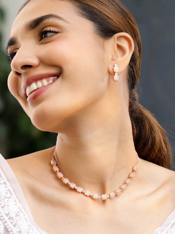 Rubans Rose Gold-Plated White AD-Studded Jewellery Set