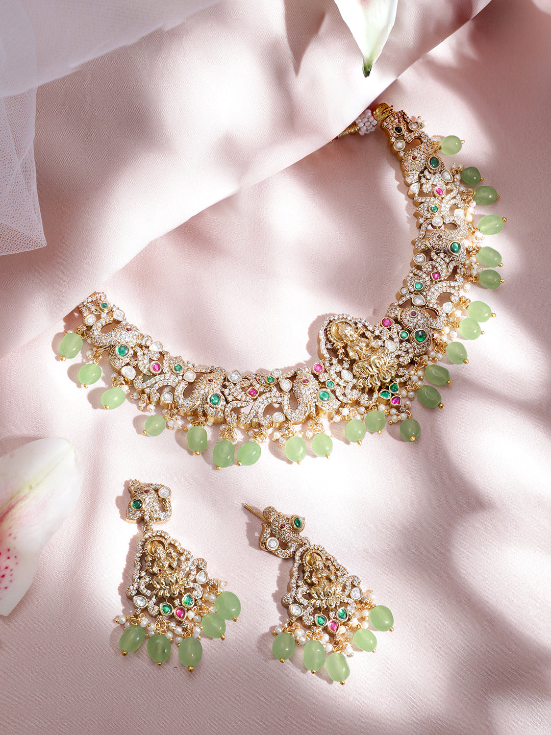 22KT Gold-Plated Cubic Zirconia-Studded  Beaded Necklace and Earrings