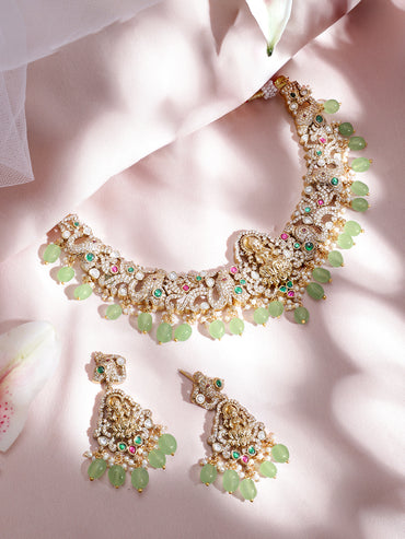 22KT Gold-Plated Cubic Zirconia-Studded  Beaded Necklace and Earrings