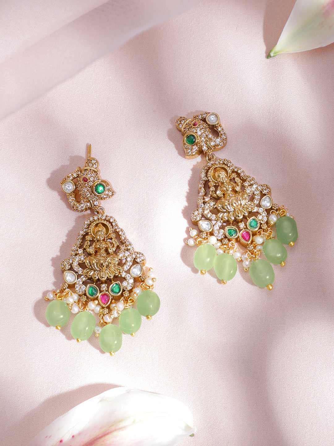 22KT Gold-Plated Cubic Zirconia-Studded  Beaded Necklace and Earrings