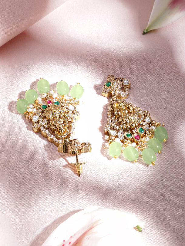 American Diamond Zirconia Green Beaded Temple Necklace Set