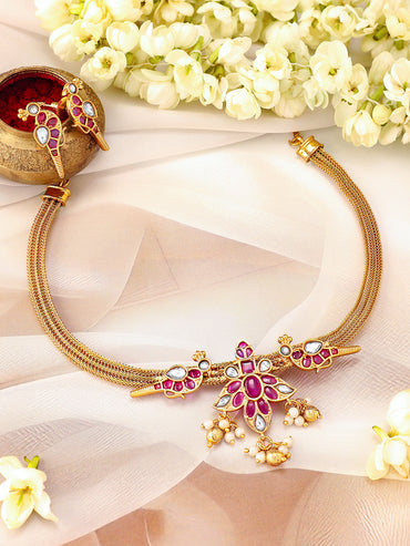 Pink Studded Gold Toned Pearl Necklace Set