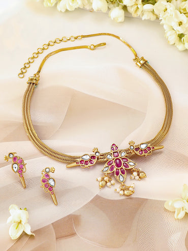 Pink Studded Gold Toned Pearl Necklace Set