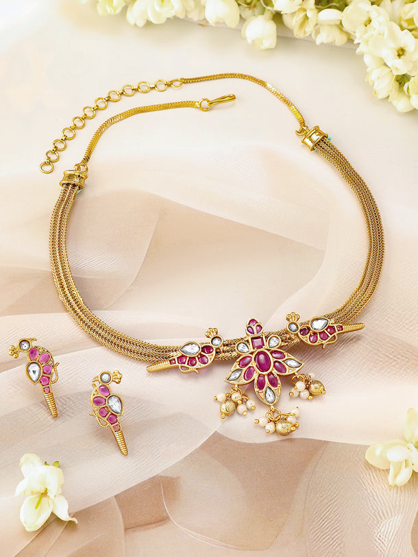 Pink Studded Gold Toned Pearl Necklace Set