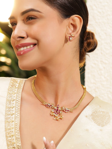 Pink Studded Gold Toned Pearl Necklace Set