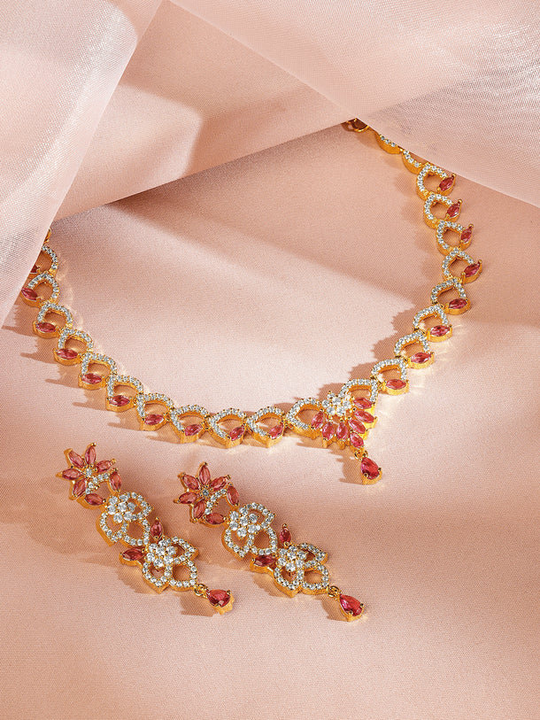 American Diamond Zirconia Pink Floral Necklace Set