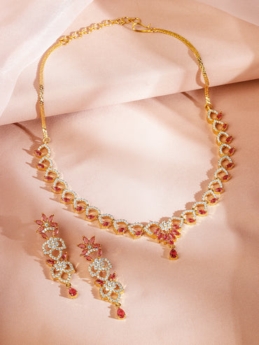 American Diamond Zirconia Pink Floral Necklace Set