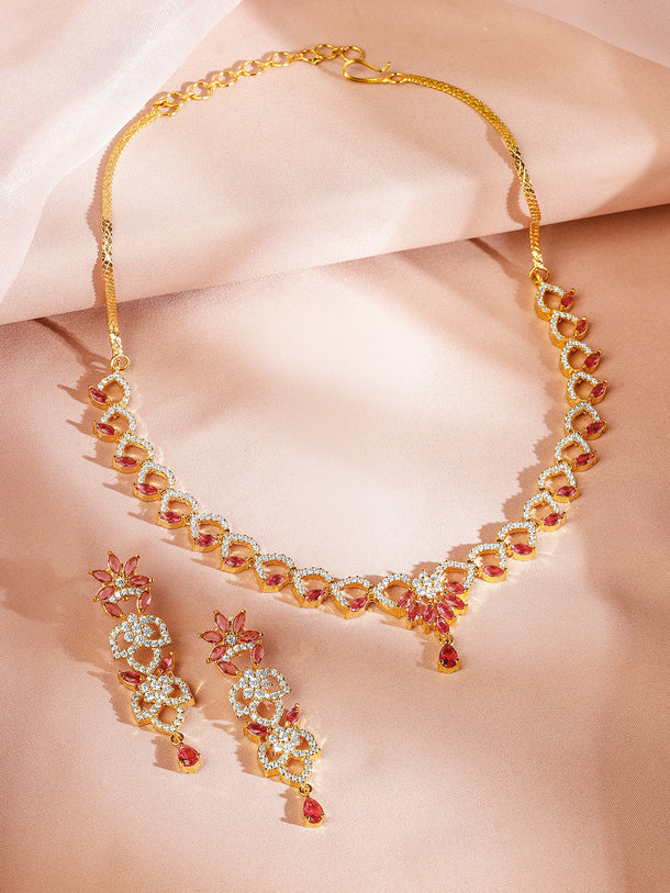 American Diamond Zirconia Pink Floral Necklace Set