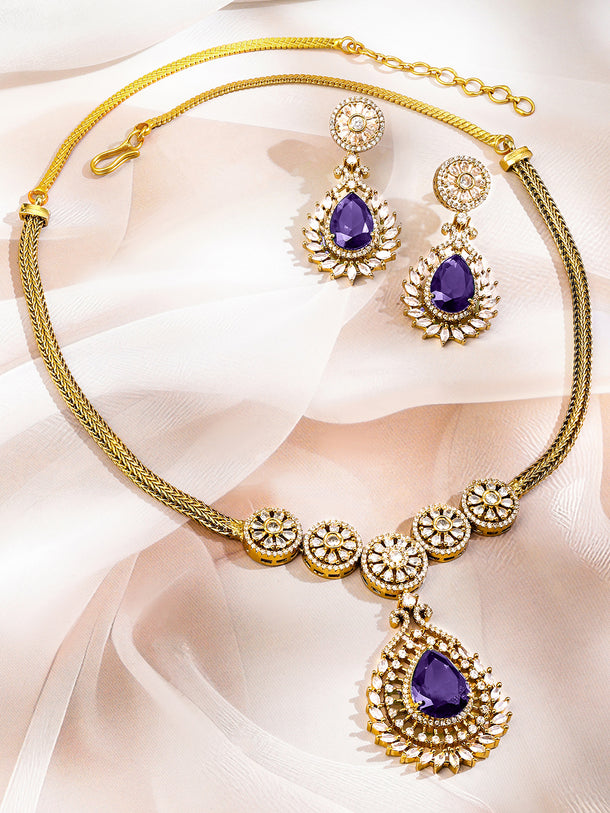 Purple American Diamond Zirconia Gold Necklace Set
