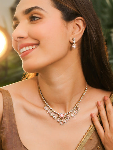 Studded American Diamond Zirconia Pink Drop Necklace Set