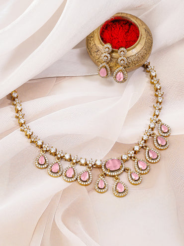 Studded American Diamond Zirconia Pink Drop Necklace Set