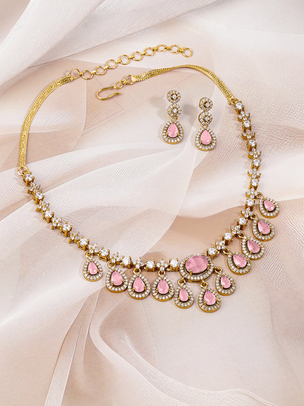 Studded American Diamond Zirconia Pink Drop Necklace Set
