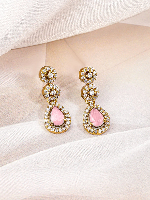 Studded American Diamond Zirconia Pink Drop Necklace Set