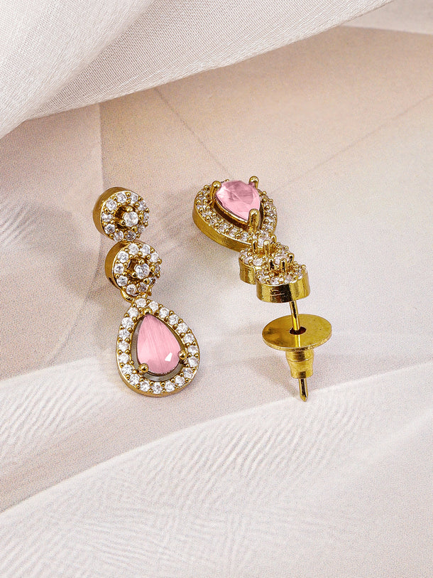 Studded American Diamond Zirconia Pink Drop Necklace Set