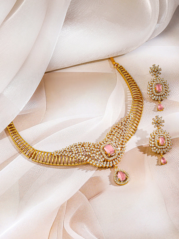 Pink American Diamond Zirconia Gold Necklace Set