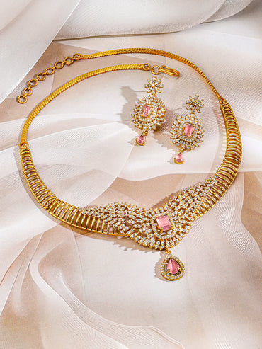 Pink American Diamond Zirconia Gold Necklace Set