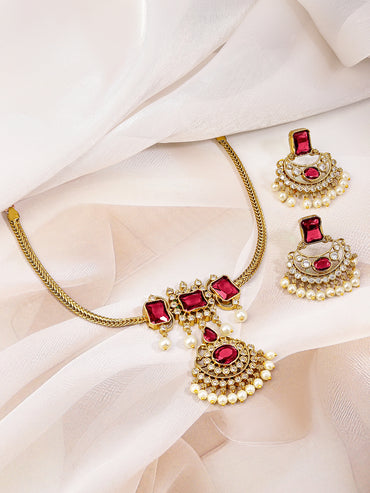 Ruby Studded Pearl Drop Gold Necklace Set