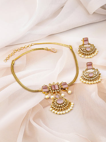 Pink Studded Pearl Drop Necklace Set