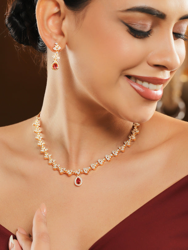 American Diamond Zircon Red Teardrop Necklace Set