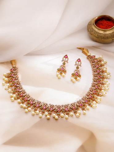 Multicolor American Diamond Zirconia Pearl Necklace Set
