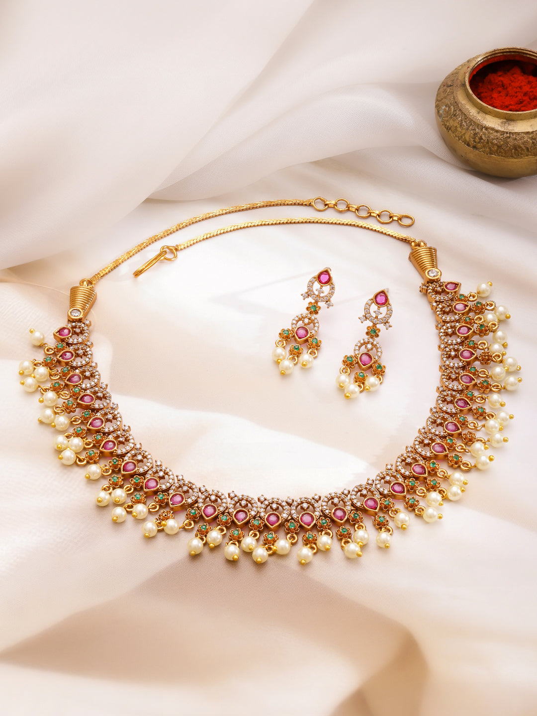 Radiant Bloom Pink-Green Necklace Set
