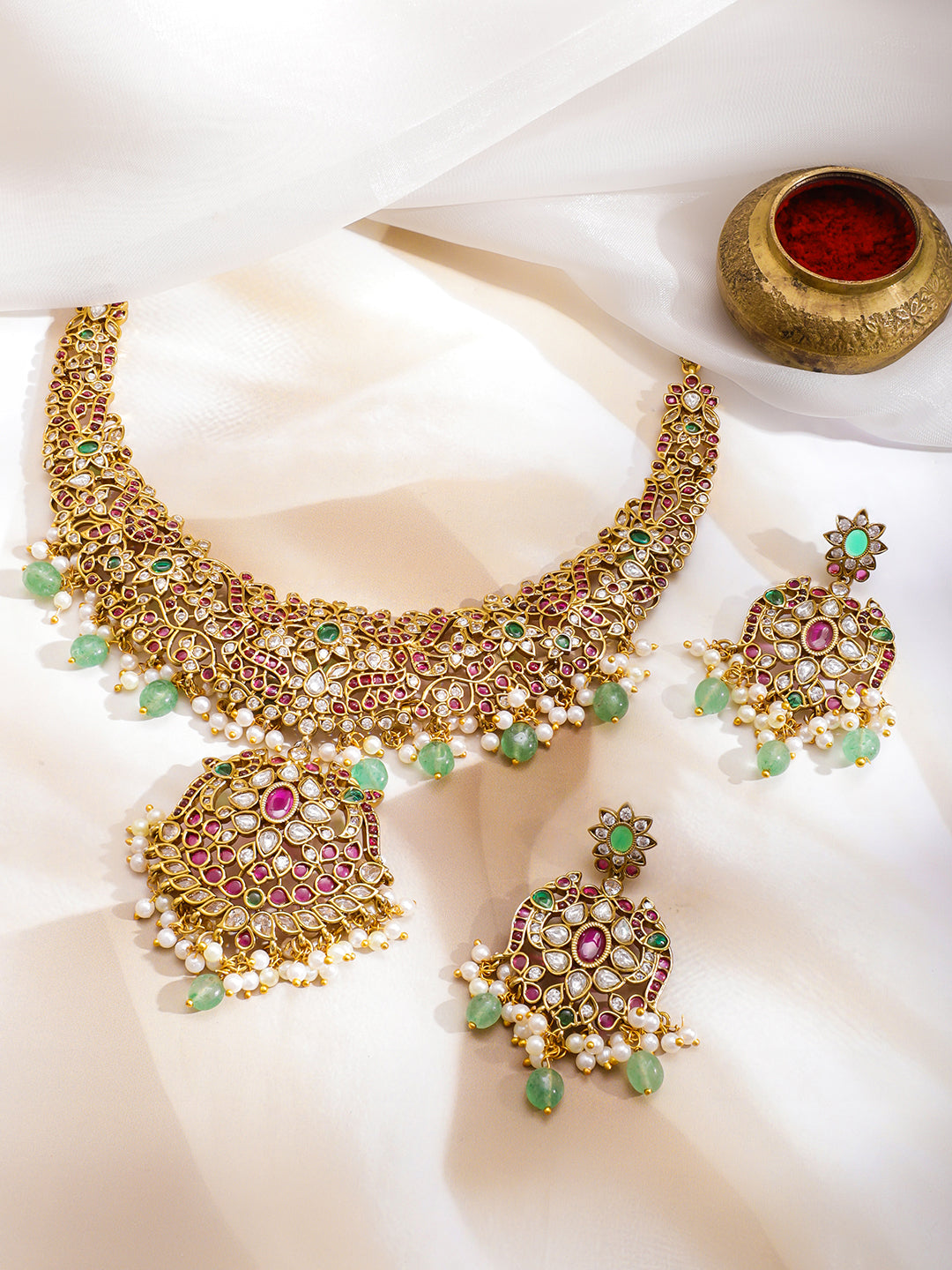 Multicolor Studded Pearl Drop Necklace Set