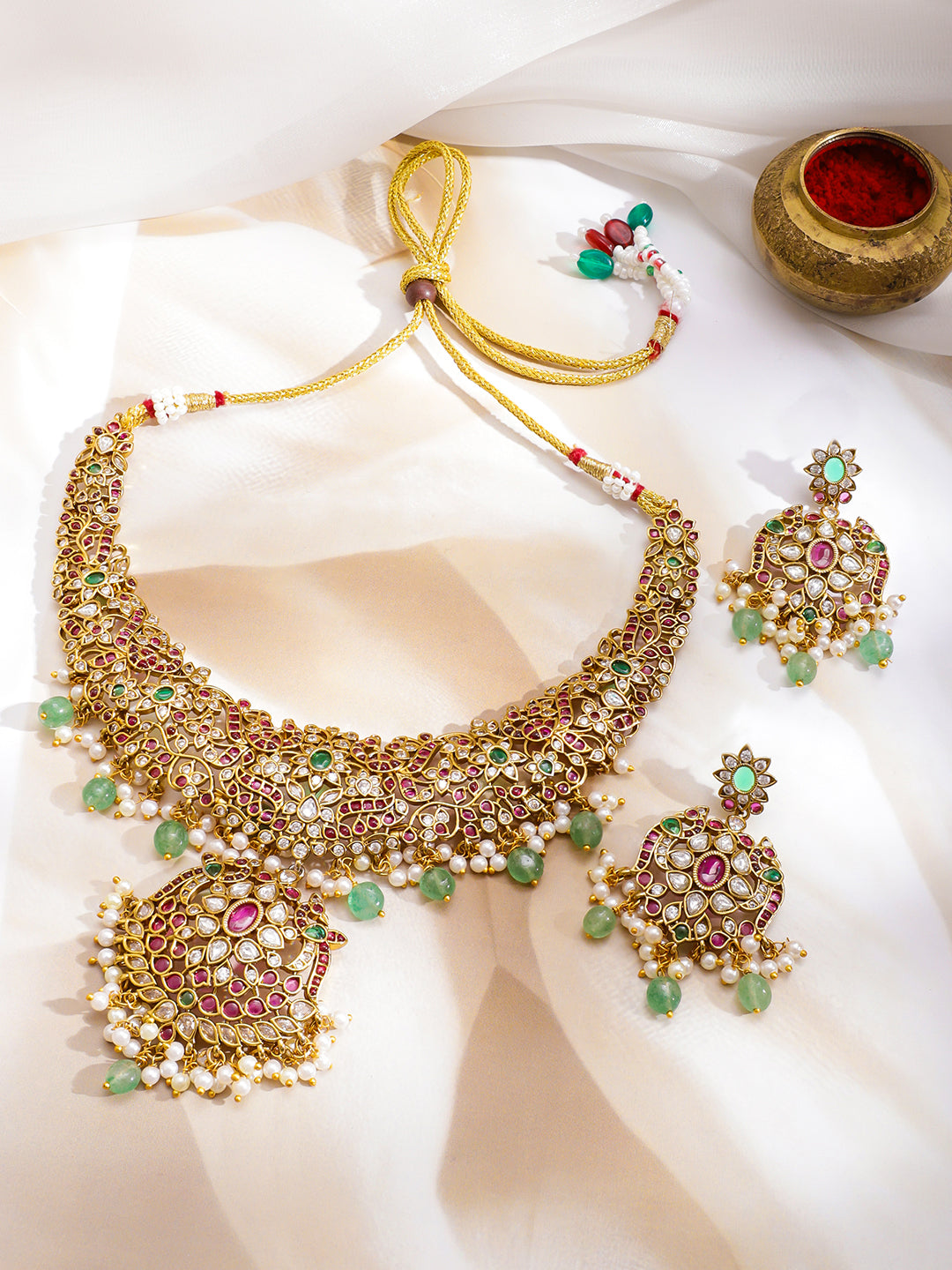 Multicolor Studded Pearl Drop Necklace Set