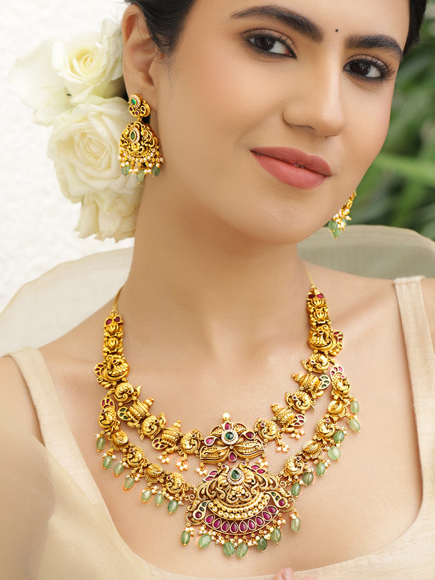 Pink Studded Green Bedded Layered Necklace Set
