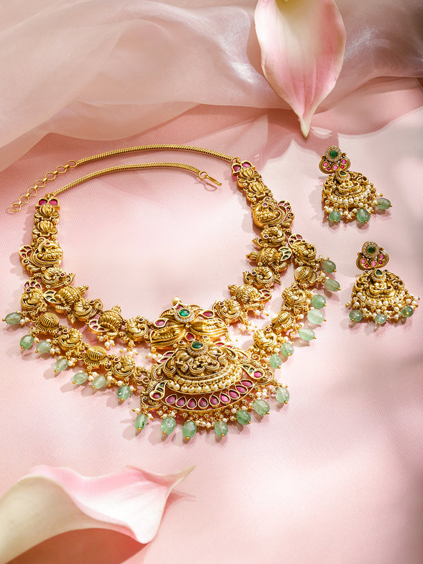 Pink Studded Green Bedded Layered Necklace Set