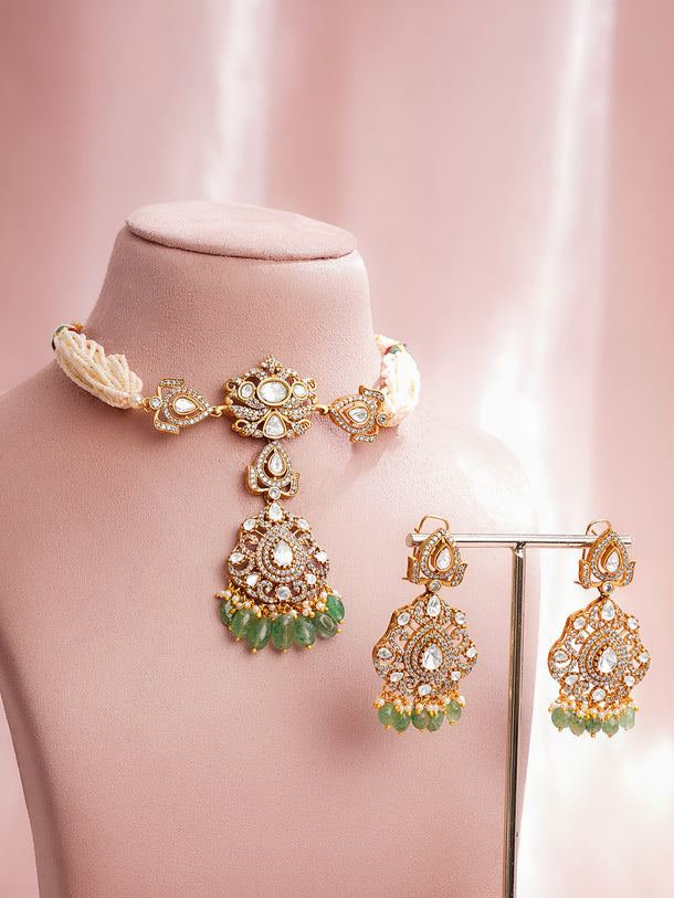 Zirconia Green Beaded Pearl Choker Set