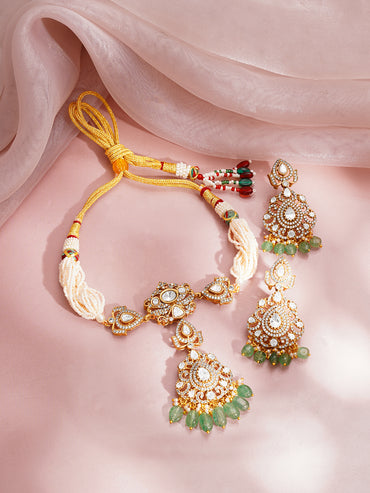 Zirconia Green Beaded Pearl Choker Set