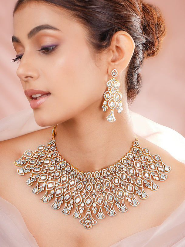 Gold Plated Cubic Zirconia Teardrop Marquise Bridal Choker Necklace Set