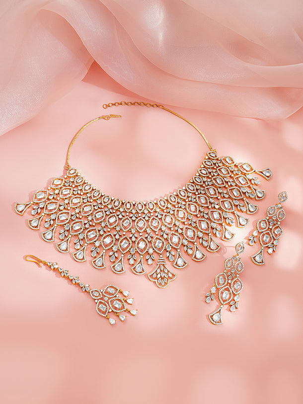 Gold Plated Cubic Zirconia Teardrop Marquise Bridal Choker Necklace Set