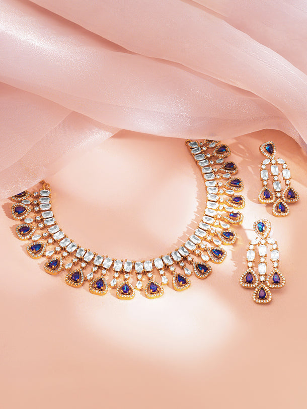 Gold Plated Blue Sapphire Cubic Zirconia Statement Necklace Set