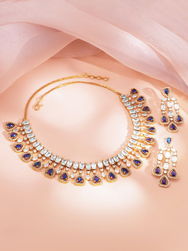 Gold Plated Blue Sapphire Cubic Zirconia Statement Necklace Set