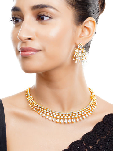 Gold-Plated Cubic Zirconia Designer Choker Necklace & Earrings Set