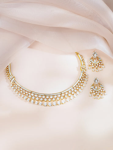 Gold-Plated Cubic Zirconia Designer Choker Necklace & Earrings Set