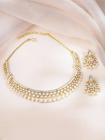 Gold-Plated Cubic Zirconia Designer Choker Necklace & Earrings Set