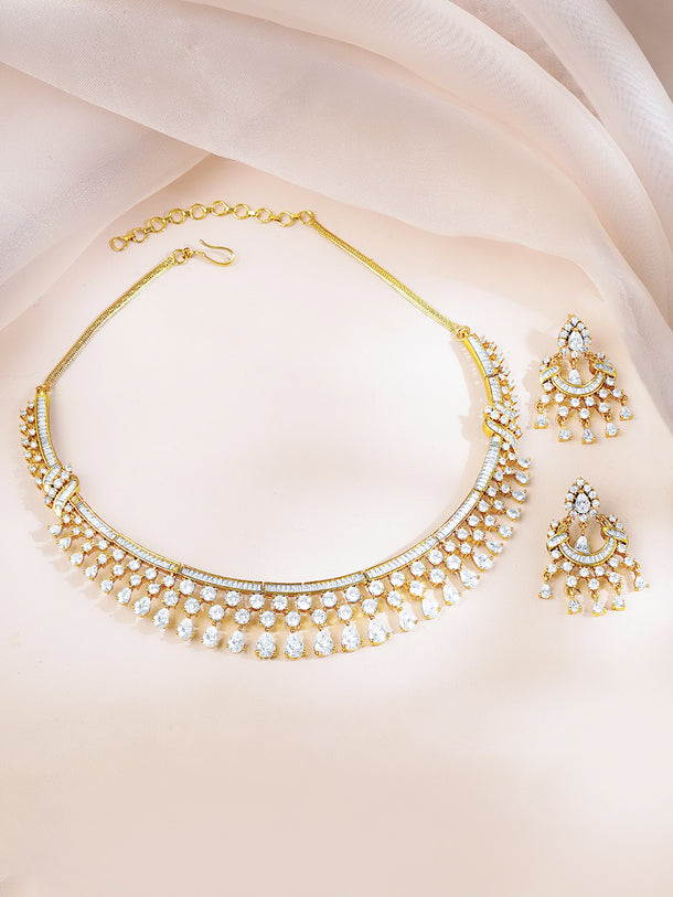 Gold-Plated Cubic Zirconia Designer Choker Necklace & Earrings Set