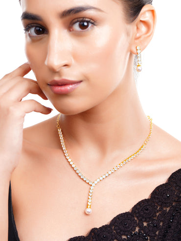 Gold Plated American Diamond Pearl Drop Y Necklace Set