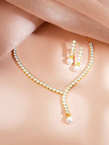 Gold Plated American Diamond Pearl Drop Y Necklace Set