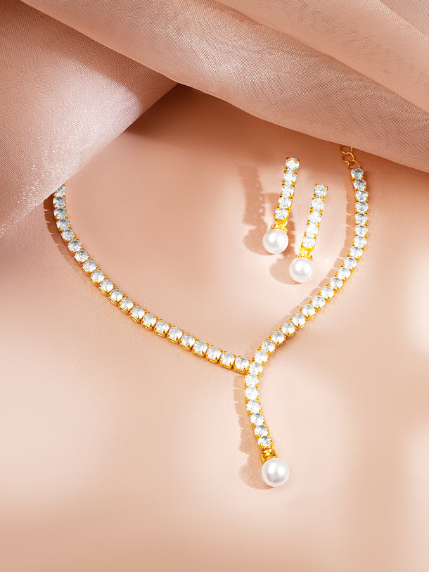 Gold Plated American Diamond Pearl Drop Y Necklace Set