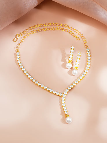 Gold Plated American Diamond Pearl Drop Y Necklace Set
