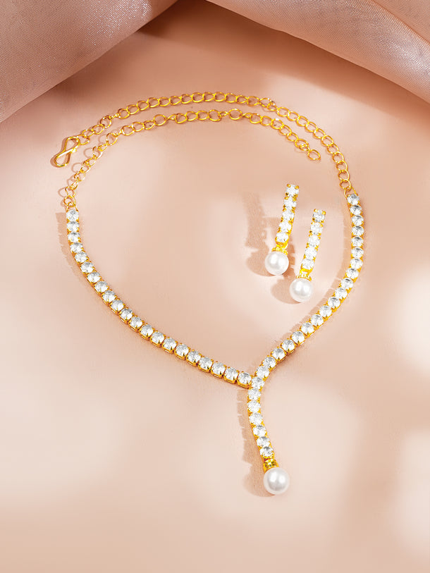 Gold Plated American Diamond Pearl Drop Y Necklace Set