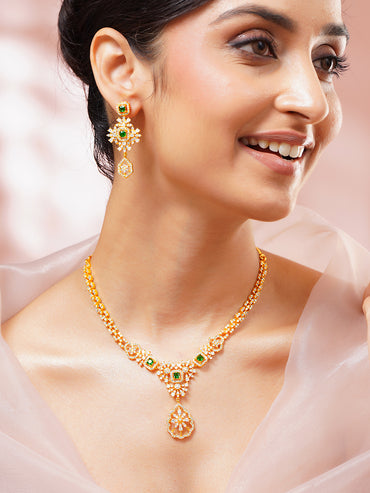 Gold Plated Royal Emerald Cluster Zirconia Necklace Set