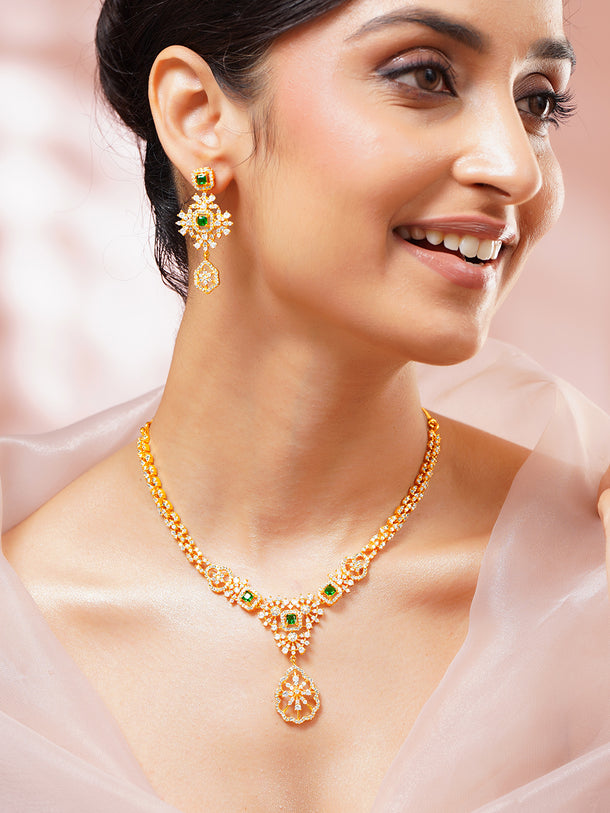 Gold Plated Royal Emerald Cluster Zirconia Necklace Set