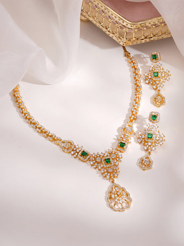 Gold Plated Royal Emerald Cluster Zirconia Necklace Set