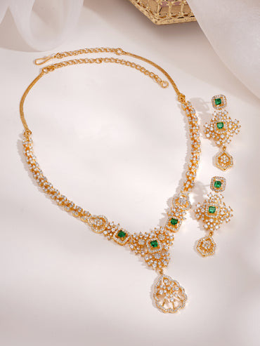Gold Plated Royal Emerald Cluster Zirconia Necklace Set