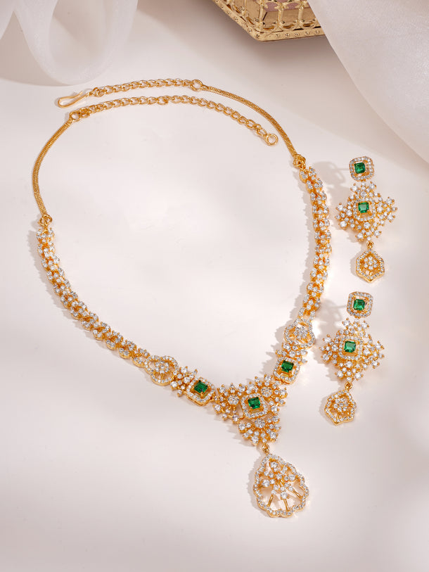 Gold Plated Royal Emerald Cluster Zirconia Necklace Set